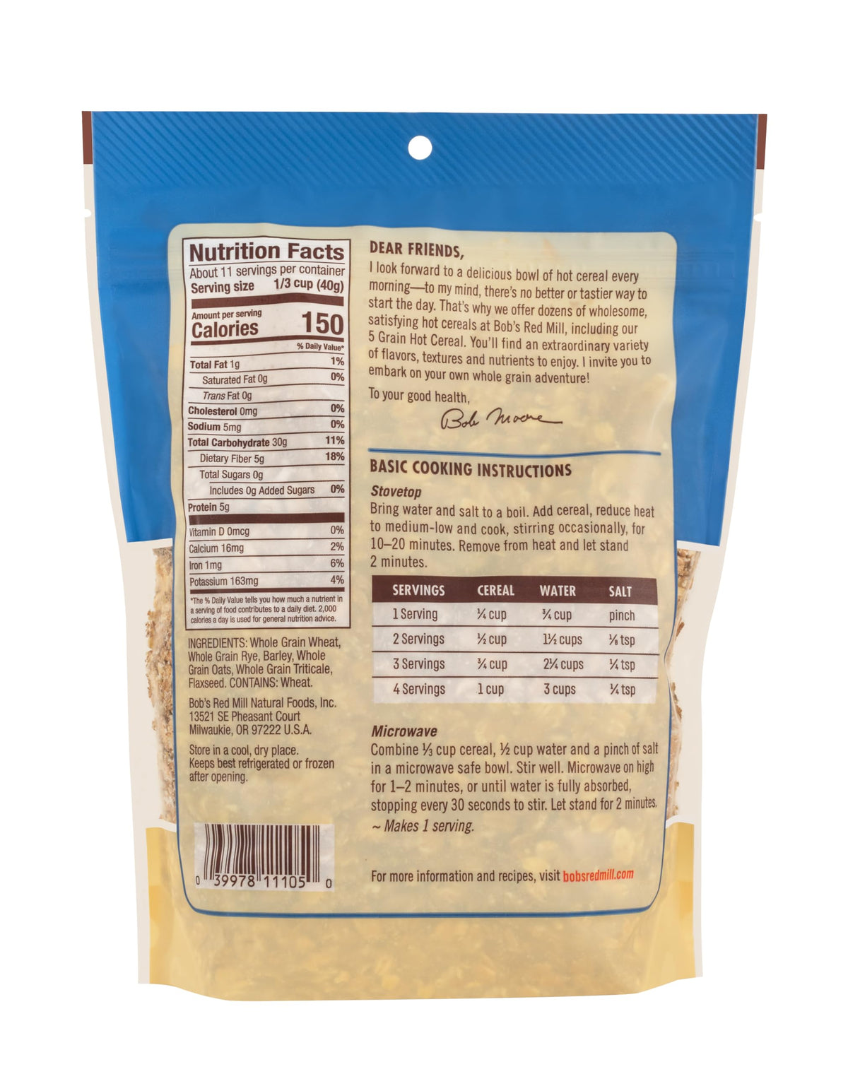 Bob's Red Mill 5 Grain Hot Cereal side view emphasizes versatile cooking uses