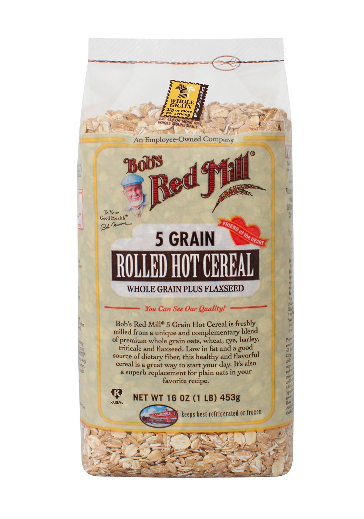 Bob's Red Mill 5 Grain Rolled Cereal bag highlights wholesome grains for a satisfying breakfast.