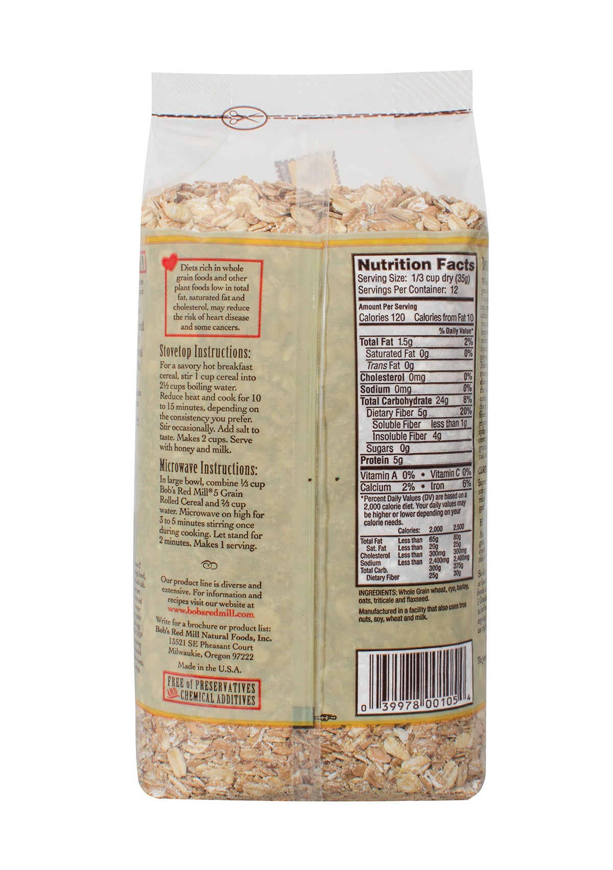 Bob's Red Mill 5 Grain Rolled Cereal packaging emphasizes fiber and vegan-friendly nutrition.