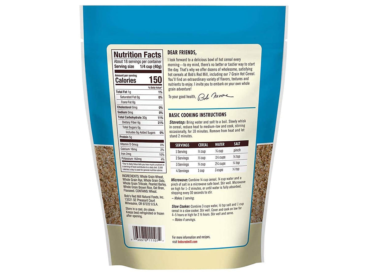 Bob's Red Mill 7 Grain Hot Cereal bag back view highlighting two-bag pack details
