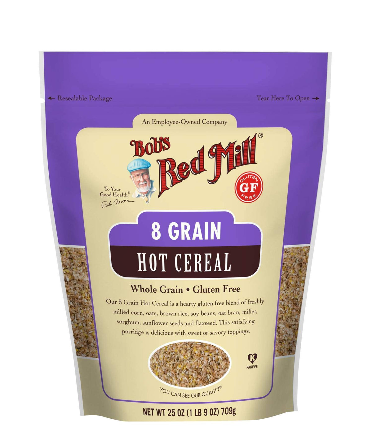 Bob's Red Mill 8 Grain Gluten Free cereal box on shelf for gluten-free breakfast.