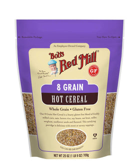 Bob's Red Mill 8 Grain Gluten Free cereal box on shelf for gluten-free breakfast.