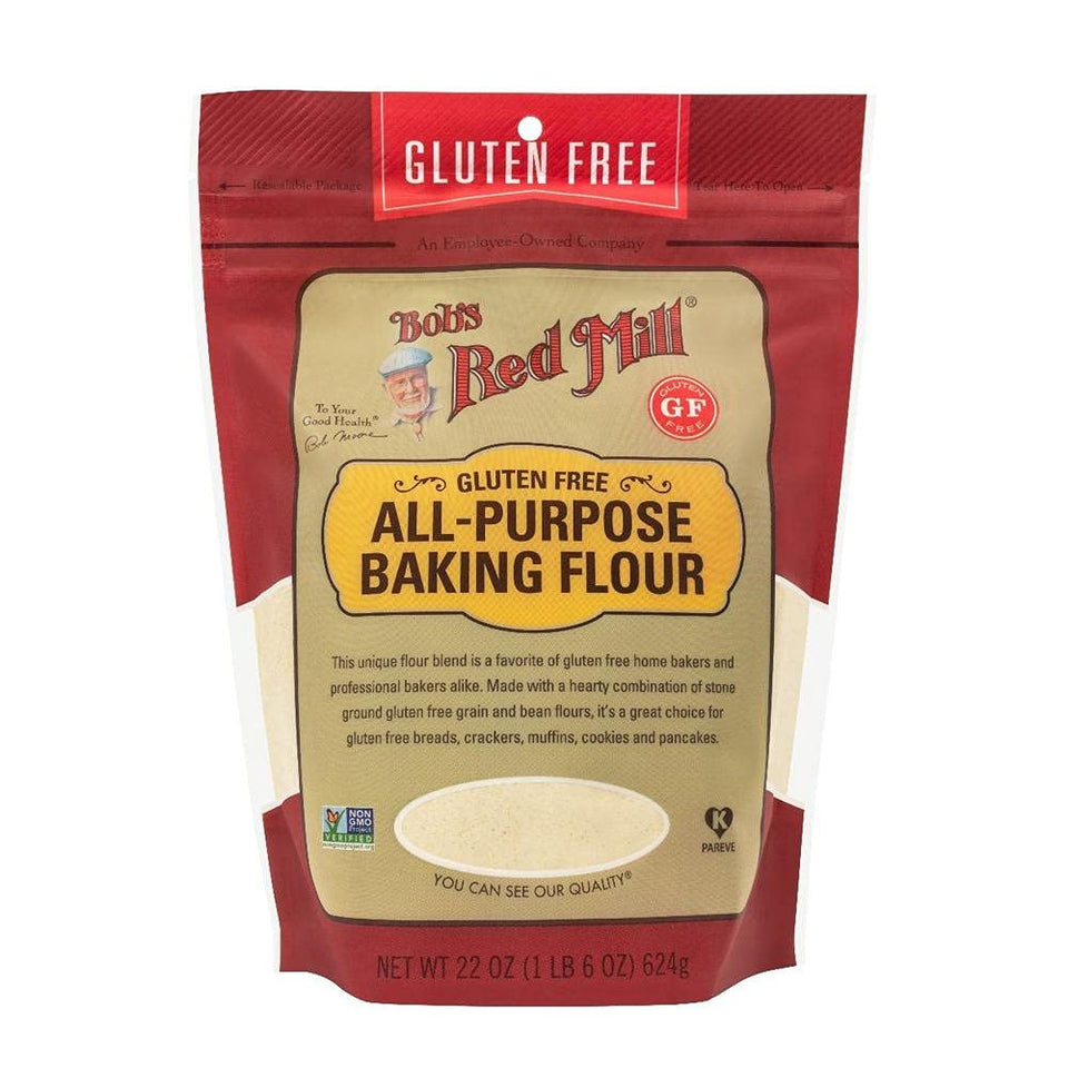 Bob's Red Mill gluten-free flour box front view for baking inspiration.