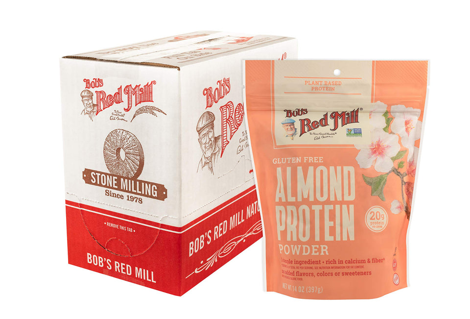 Bob's Red Mill almond protein powder in a bowl with creamy texture for smoothies.