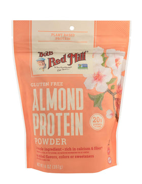 Packaging of Bob's Red Mill almond protein powder highlighting the product and ingredients.