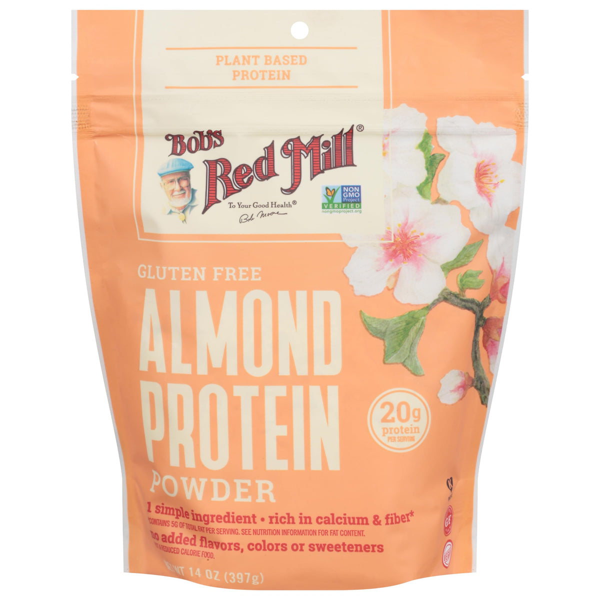 Bob's Red Mill almond protein powder beside a scoop, ready for smoothies.