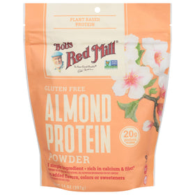 Bob's Red Mill almond protein powder beside a scoop, ready for smoothies.