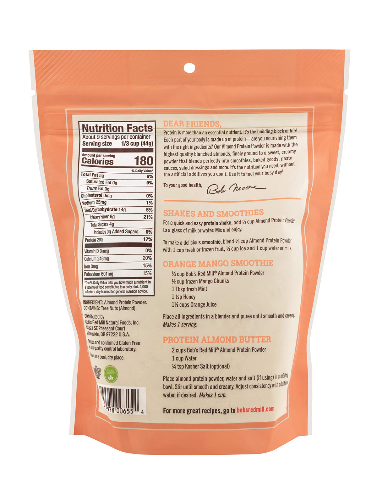 Smoothie made with Bob's Red Mill almond protein powder showing creamy consistency.