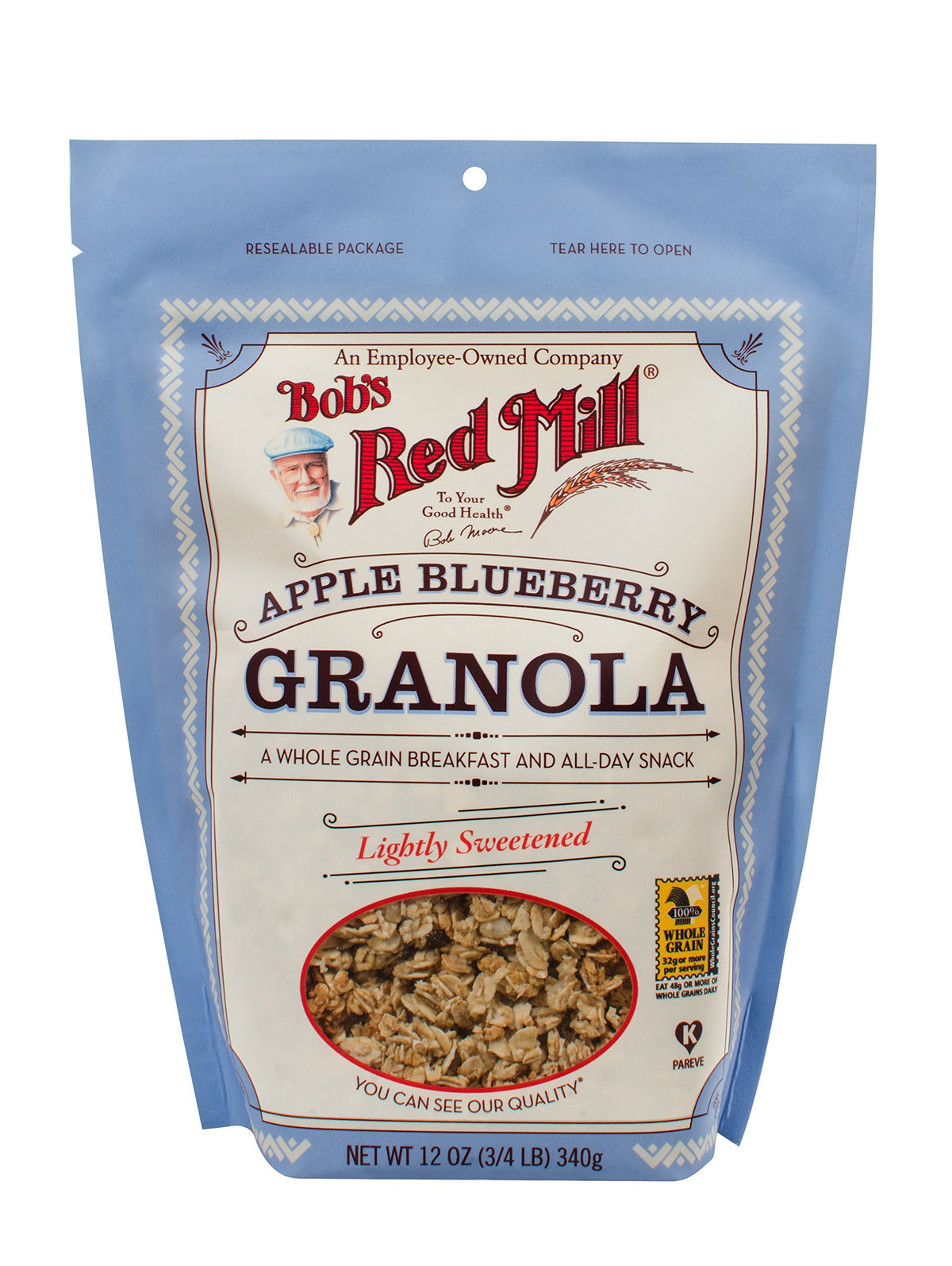 Bob's Red Mill Apple Blueberry Granola served in a bowl with milk for a fiber-rich start.