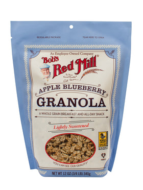 Bob's Red Mill Apple Blueberry Granola served in a bowl with milk for a fiber-rich start.