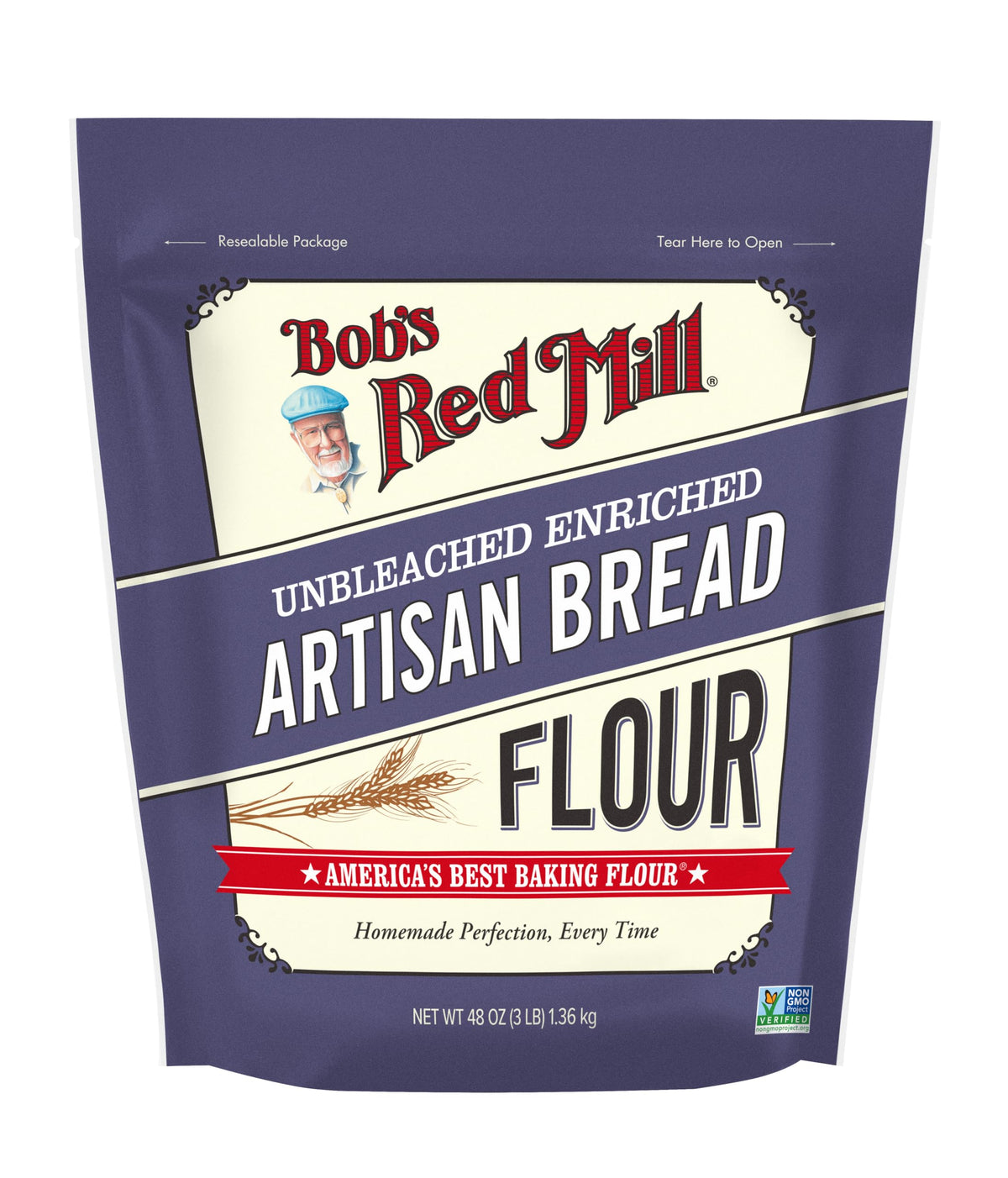 Bob's Red Mill Artisan Bread Flour packaging, resealable for pantry freshness.