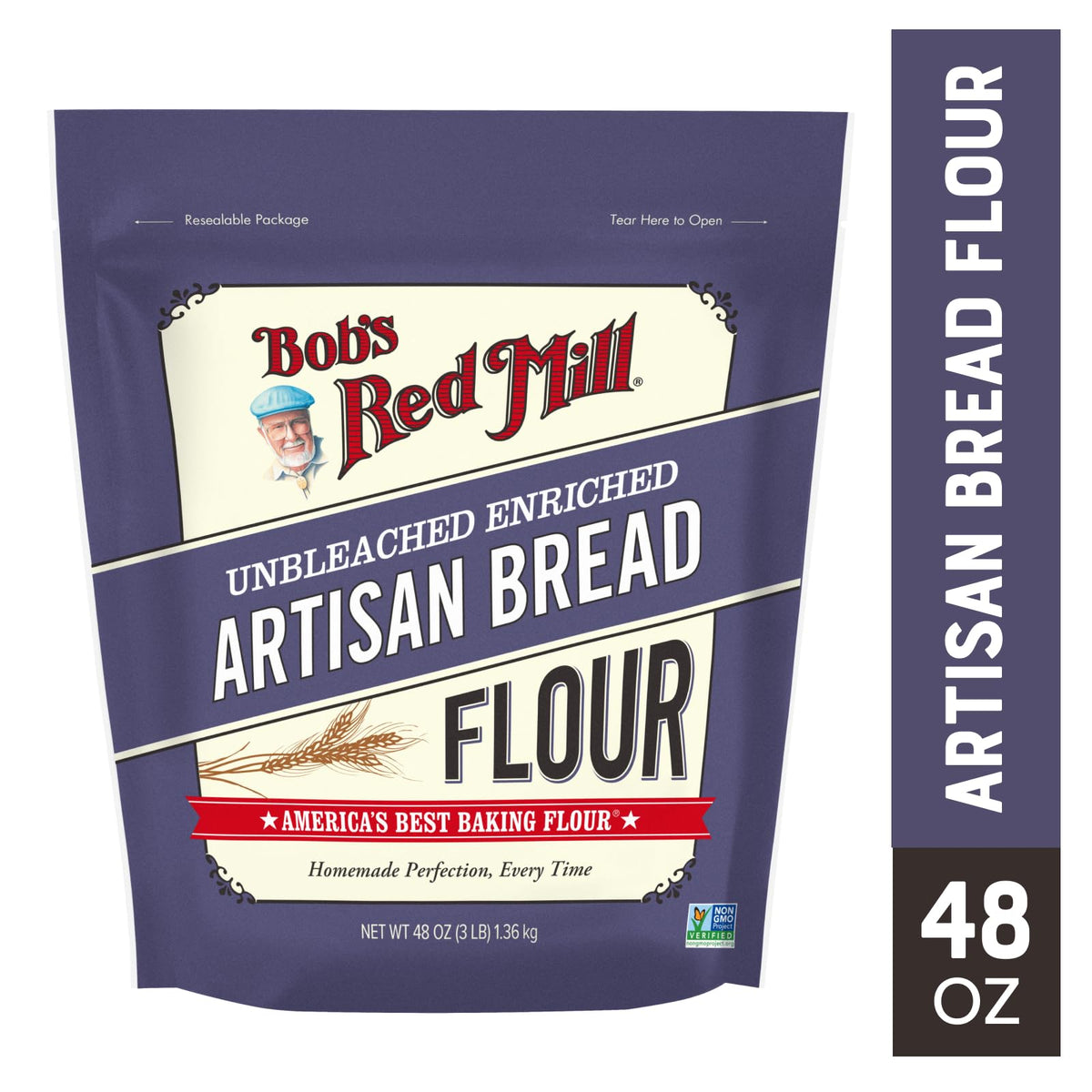 Bob's Red Mill Artisan Bread Flour 3 lb bag stores fresh in pantry.