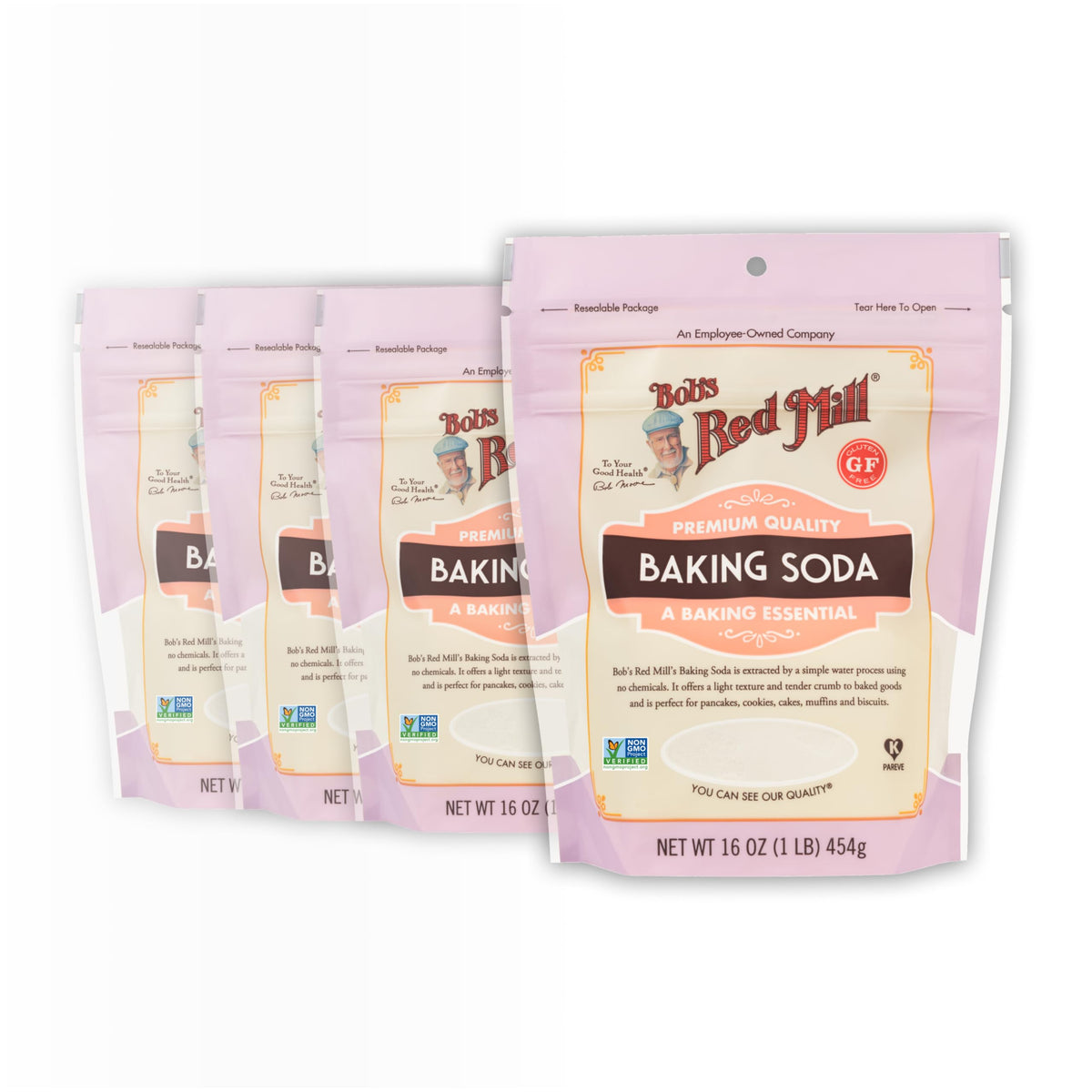 Bob's Red Mill baking soda 16oz pack of four bottles on shelf for versatile baking.