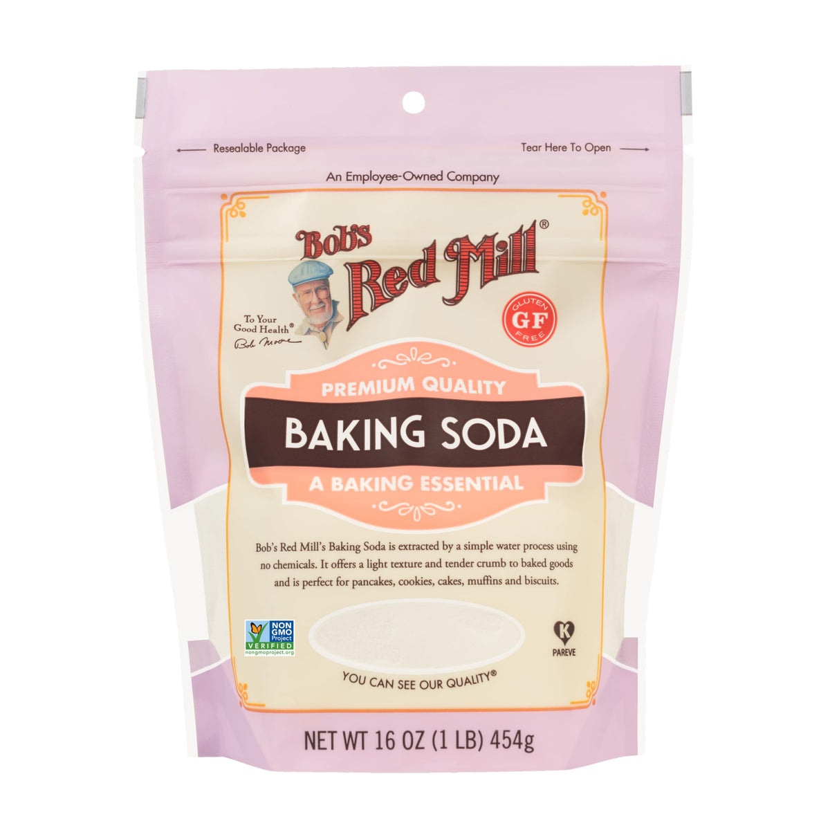 Bob's Red Mill baking soda on kitchen counter, ideal for quick breads, cookies, and muffins.