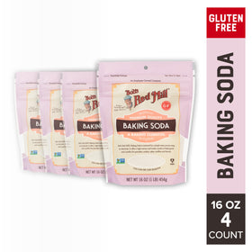 Bob's Red Mill baking soda label closeup, aluminum-free formula for clean flavor.