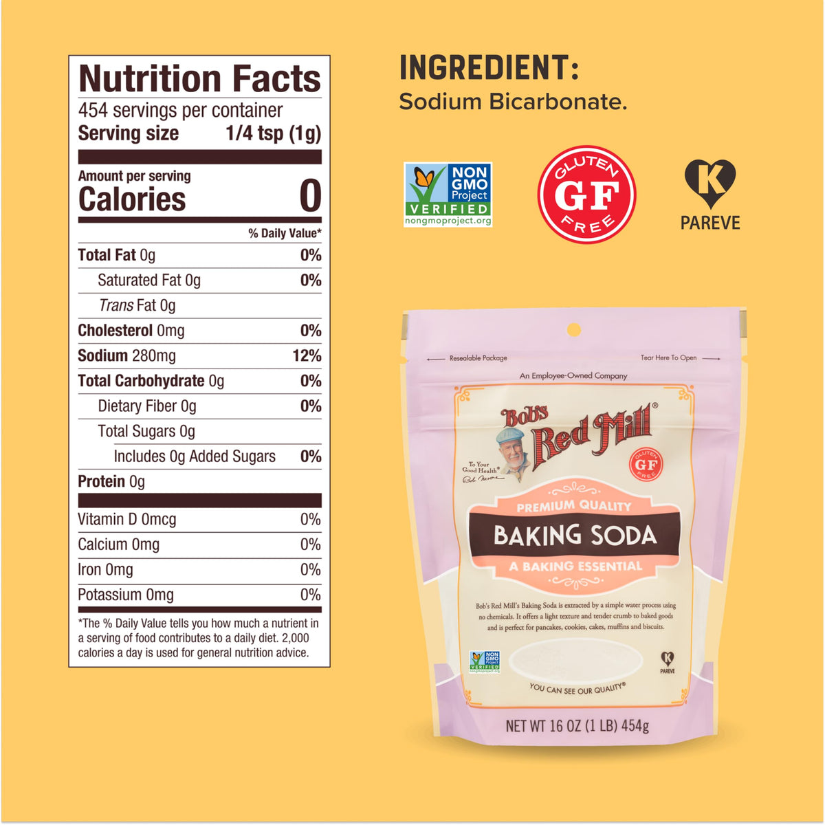Bob's Red Mill baking soda beside a recipe card, supports gluten-free kitchen routines.