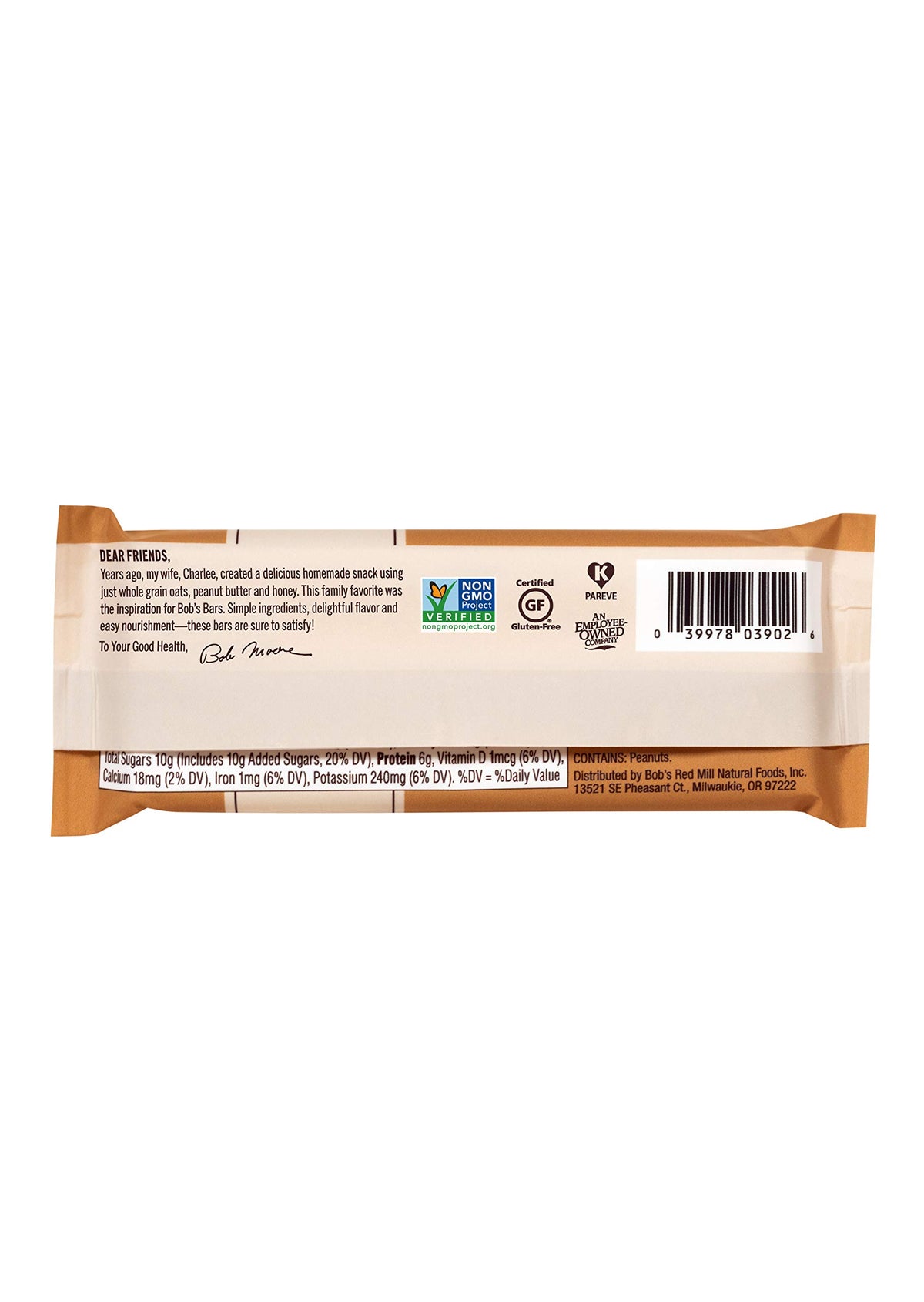 Bob's Red Mill bar on a kitchen counter showing simple, clean ingredients.