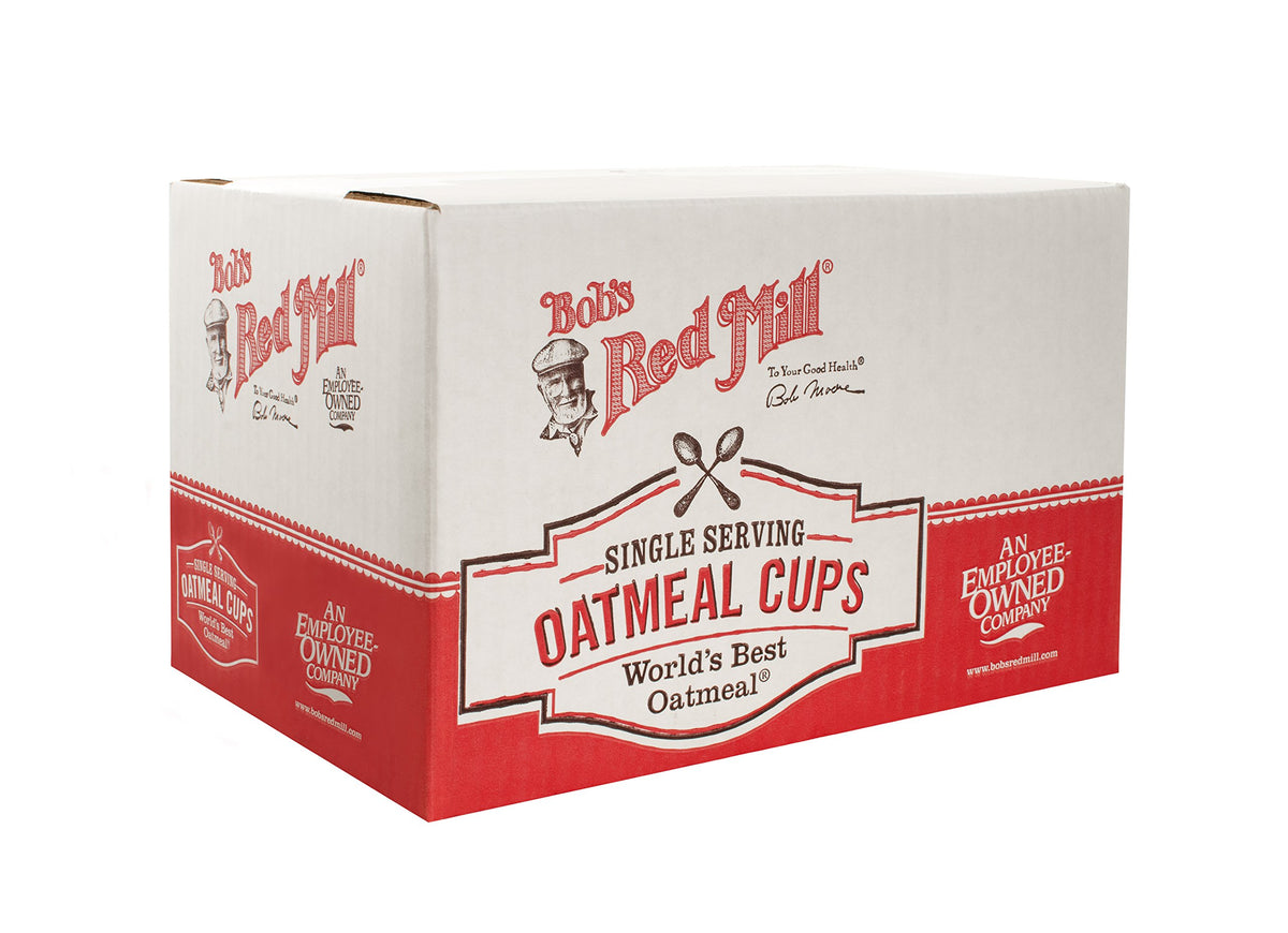 Bob's Red Mill oatmeal cup with flax and chia seeds and healthy texture.