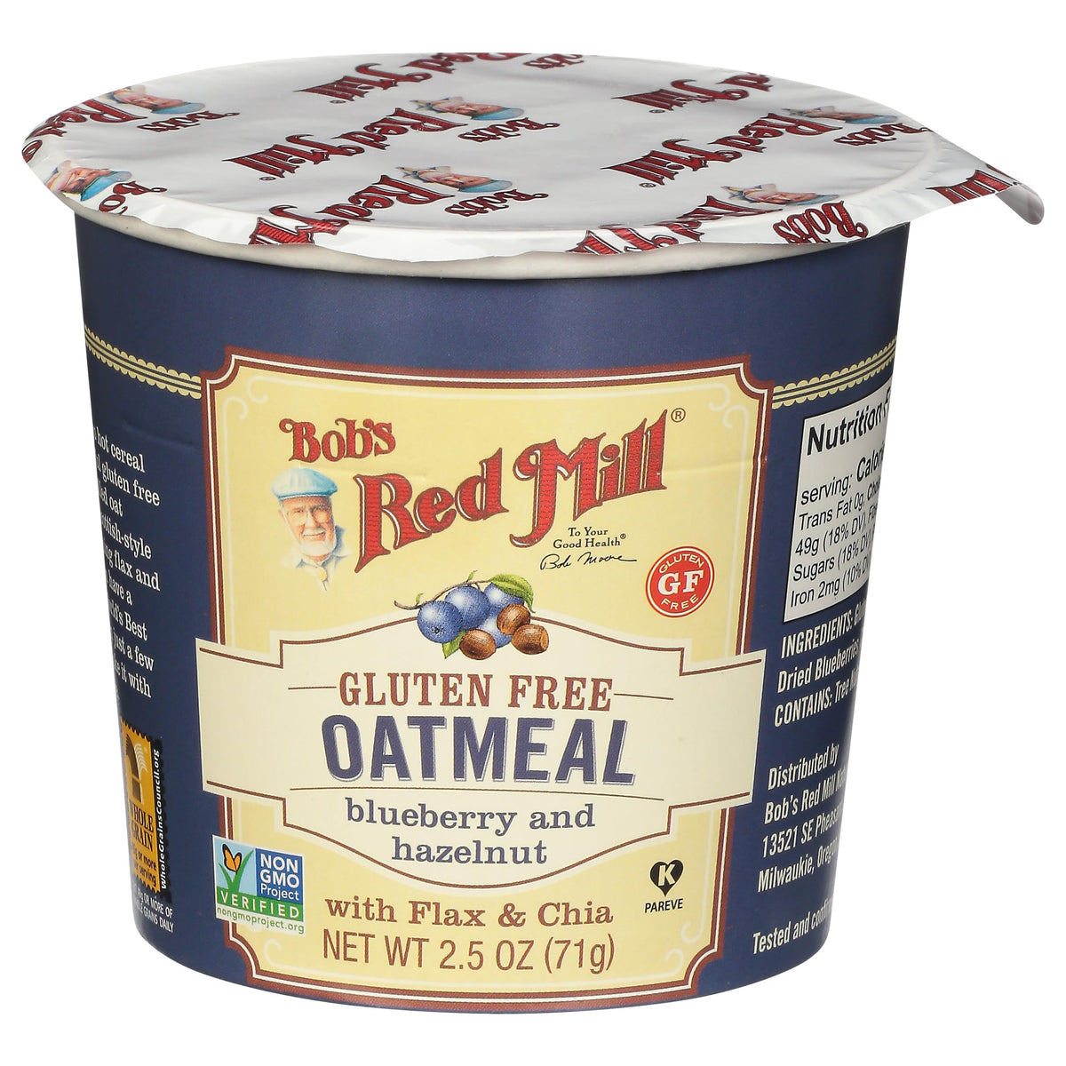 Bob's Red Mill oatmeal cup on the go, blueberry hazelnut flavor