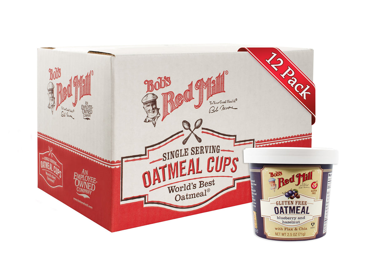 Bob's Red Mill Blueberry Hazelnut Oatmeal Cup 12-pack front view for quick breakfasts.