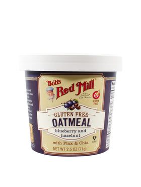 Bob's Red Mill Blueberry Hazelnut Oatmeal Cup 12-pack side view for on-the-go meals.