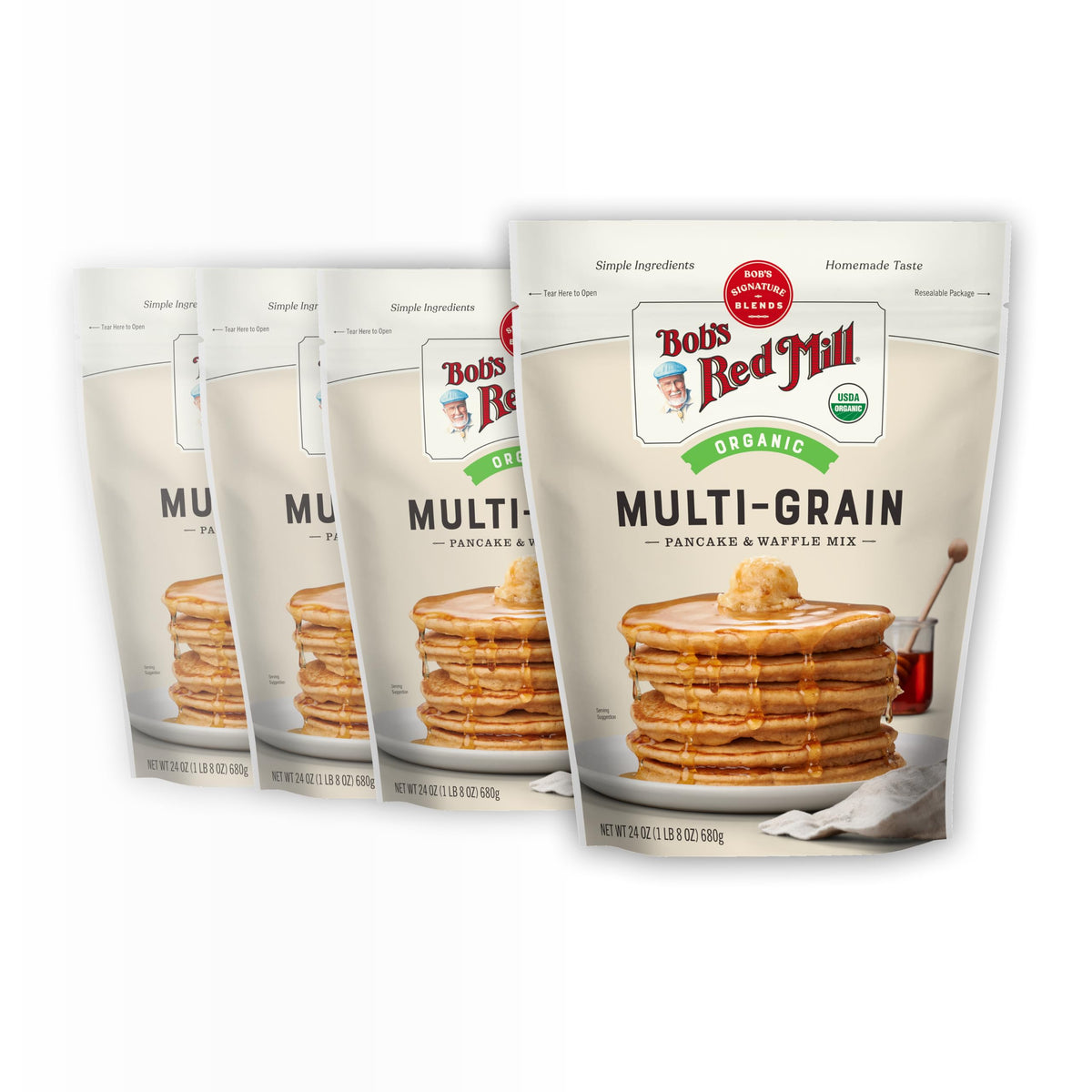 Bob's Red Mill 7 grain pancake mix box highlighting organic and whole grains.
