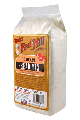 Bob's Red Mill 10-grain bread mix ingredients closeup, rich in whole grains for hearty slices.