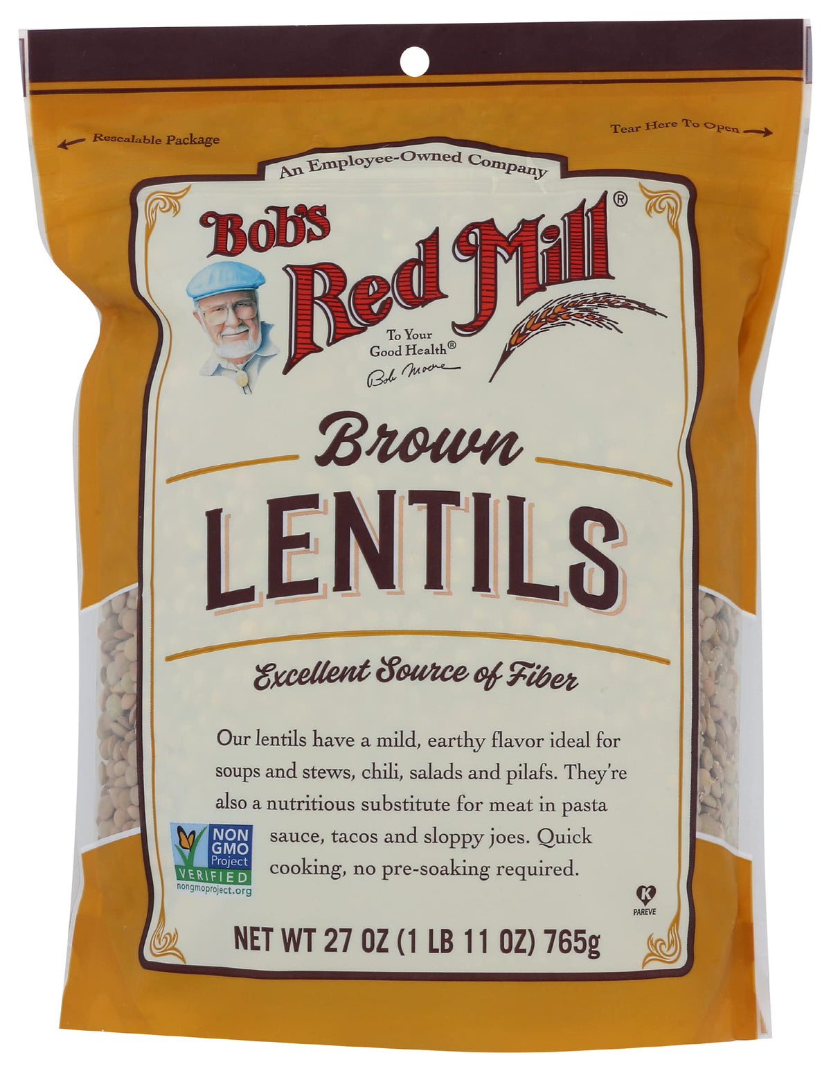 Bob's Red Mill Brown Lentil Beans four-pack front view for quick versatility