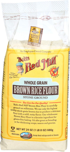 Bob's Red Mill brown rice flour packaging highlights quality and origin