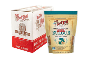 Bob's Red Mill bulgur four-pack packaging on kitchen shelf.