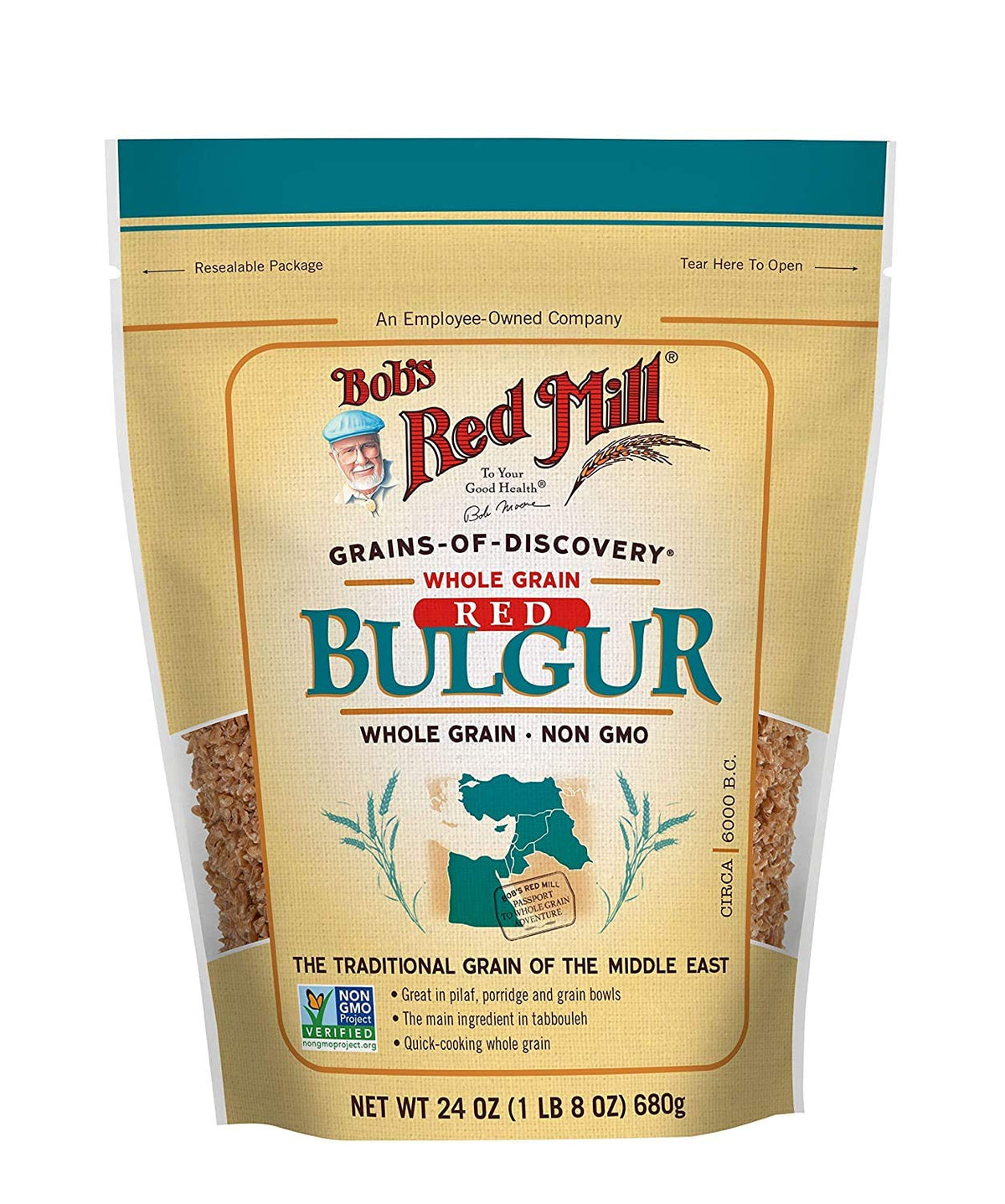 Bob's Red Mill bulgur hard red wheat packaging in a value four-pack, perfect for bulk cooking.