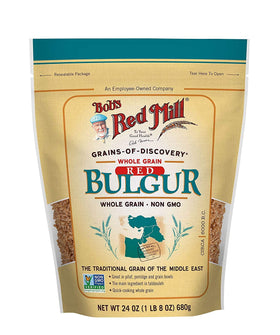 Bob's Red Mill bulgur hard red wheat packaging in a value four-pack, perfect for bulk cooking.