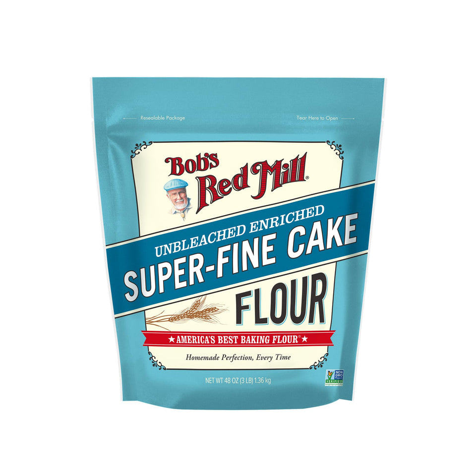 Bob's Red Mill cake flour packaging 3 lb for easy, light-baked cakes.