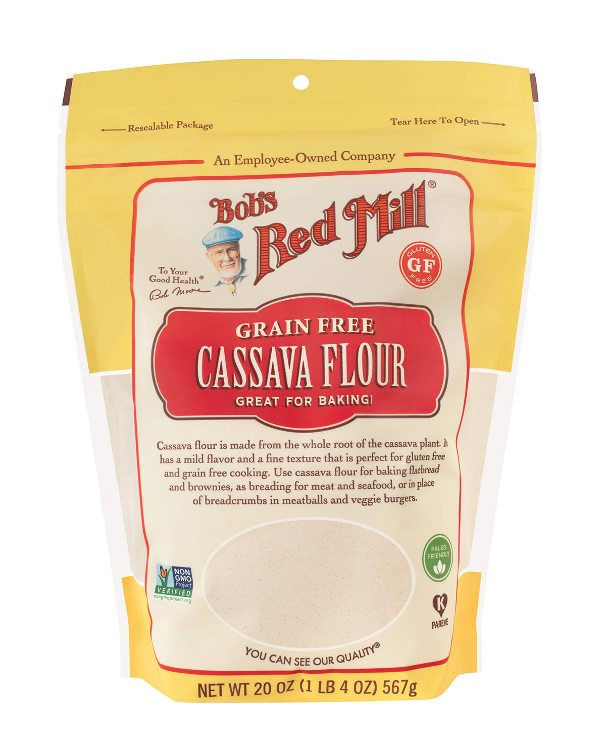 Bob's Red Mill cassava flour bag shown as gluten-free baking staple.