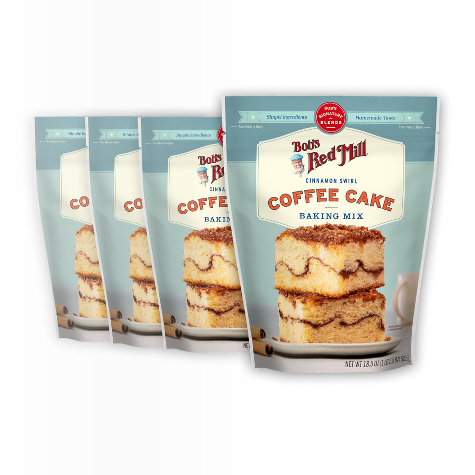 Bob's Red Mill Cinnamon Swirl Coffee Cake Mix box front, ready for quick homemade treats.