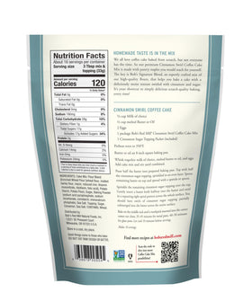 Bob's Red Mill Cinnamon Swirl Coffee Cake Mix box back nutrition highlights.