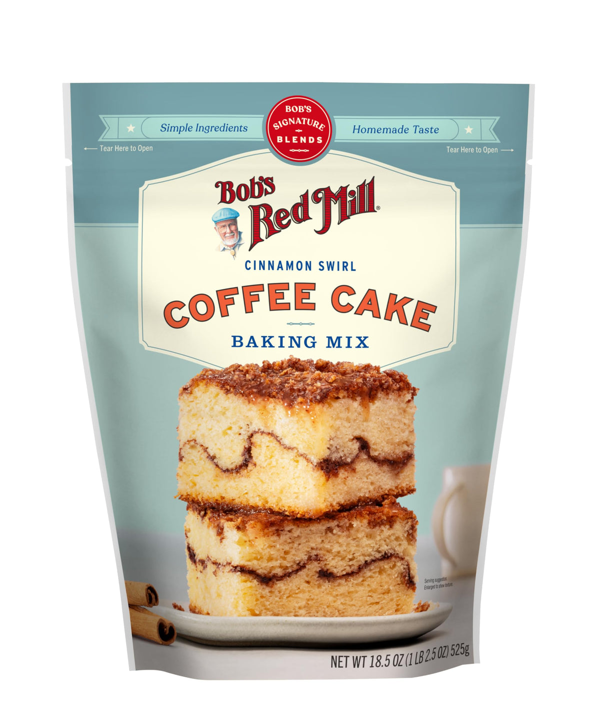 Bob's Red Mill Cinnamon Swirl Coffee Cake Slice on plate with coffee.