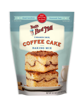 Bob's Red Mill Cinnamon Swirl Coffee Cake Slice on plate with coffee.