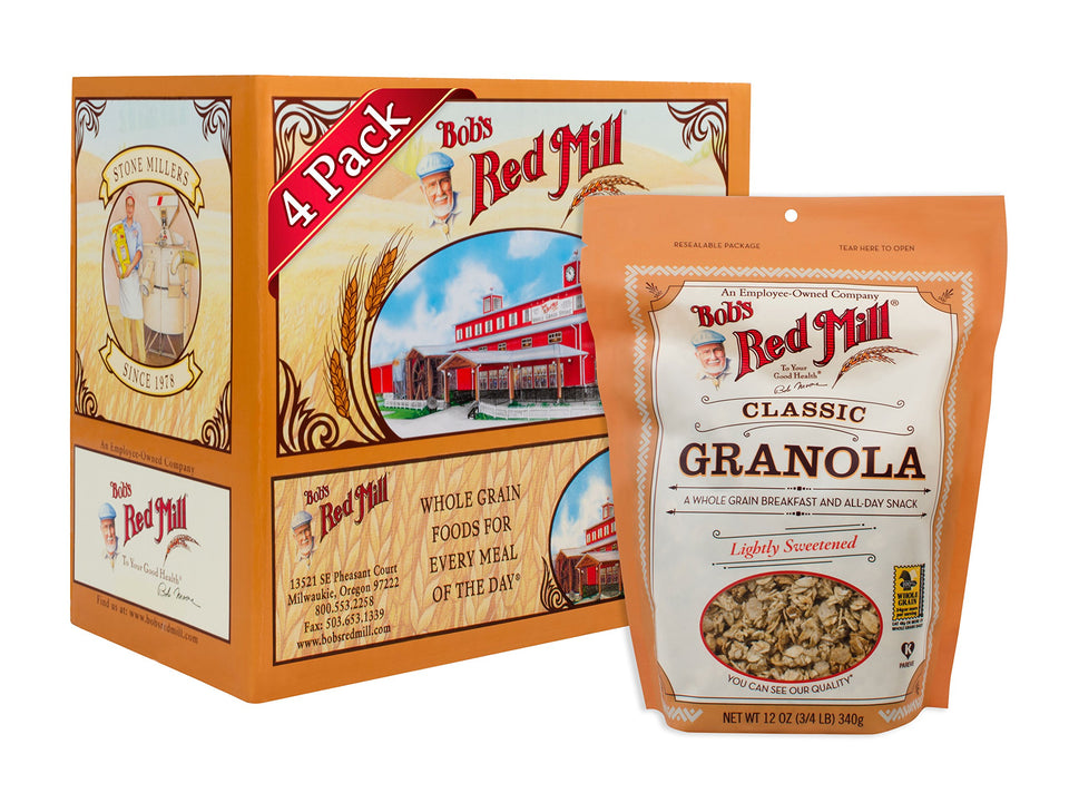 Bob's Red Mill Classic Granola bowl showing crunchy clusters for a wholesome breakfast.