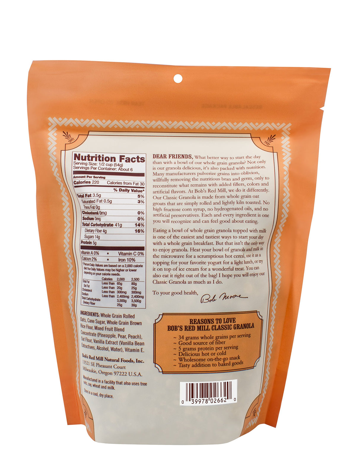 Closeup of Bob's Red Mill Classic Granola clusters highlighting texture.