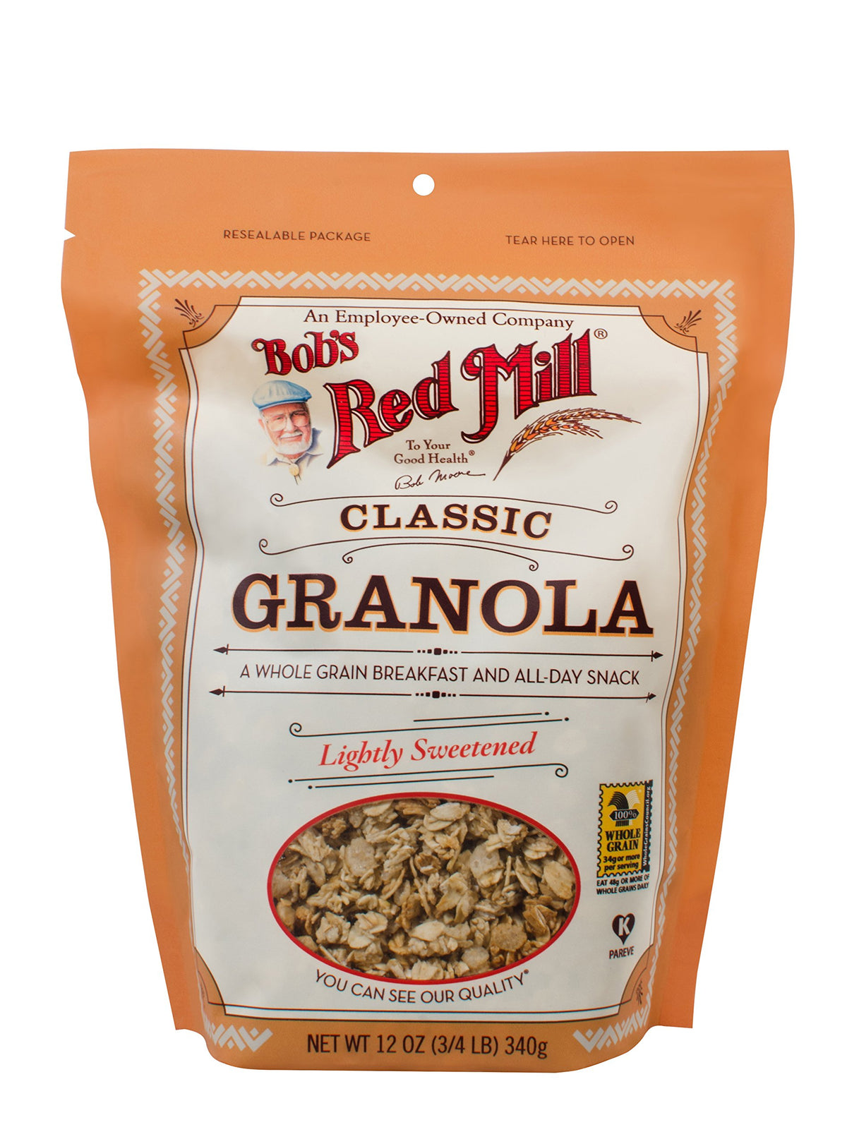 Bob's Red Mill Classic Granola being poured, ideal topping for yogurt or milk.