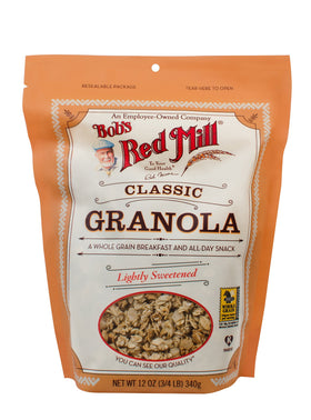 Bob's Red Mill Classic Granola being poured, ideal topping for yogurt or milk.
