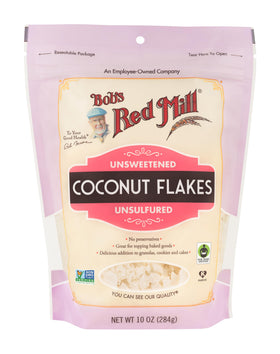 Bob's Red Mill Coconut Flakes 4-pack front view, pantry staple for vegan cooking