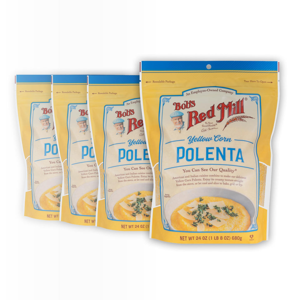 Bob's Red Mill corn grits polenta bag shows quality yellow corn for versatile cooking