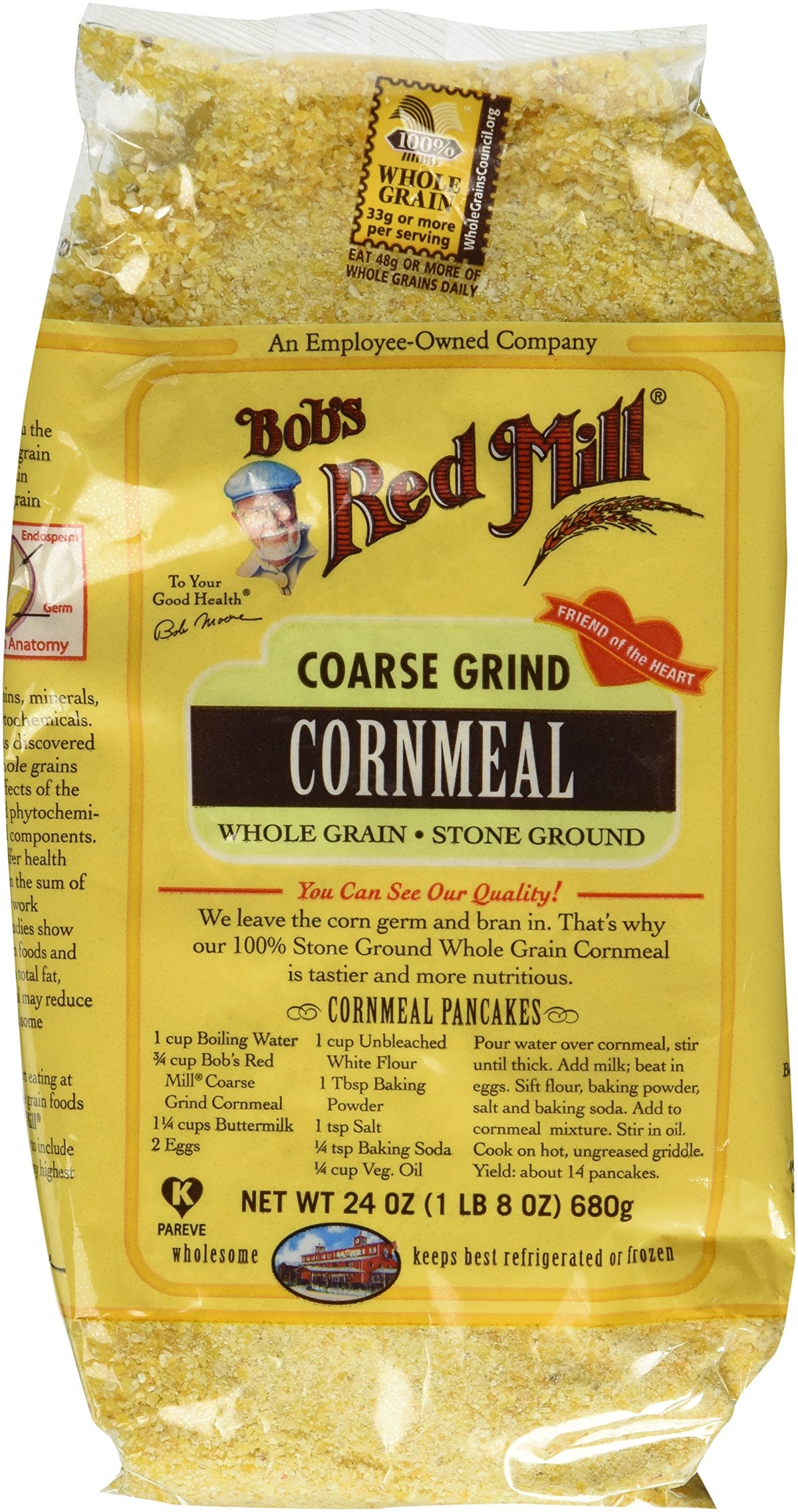 Bob's Red Mill cornmeal coarse grind bag for cornbread and polenta.