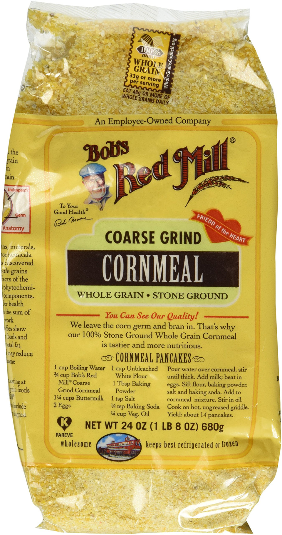 Bob's Red Mill cornmeal coarse grind bag for cornbread and polenta.