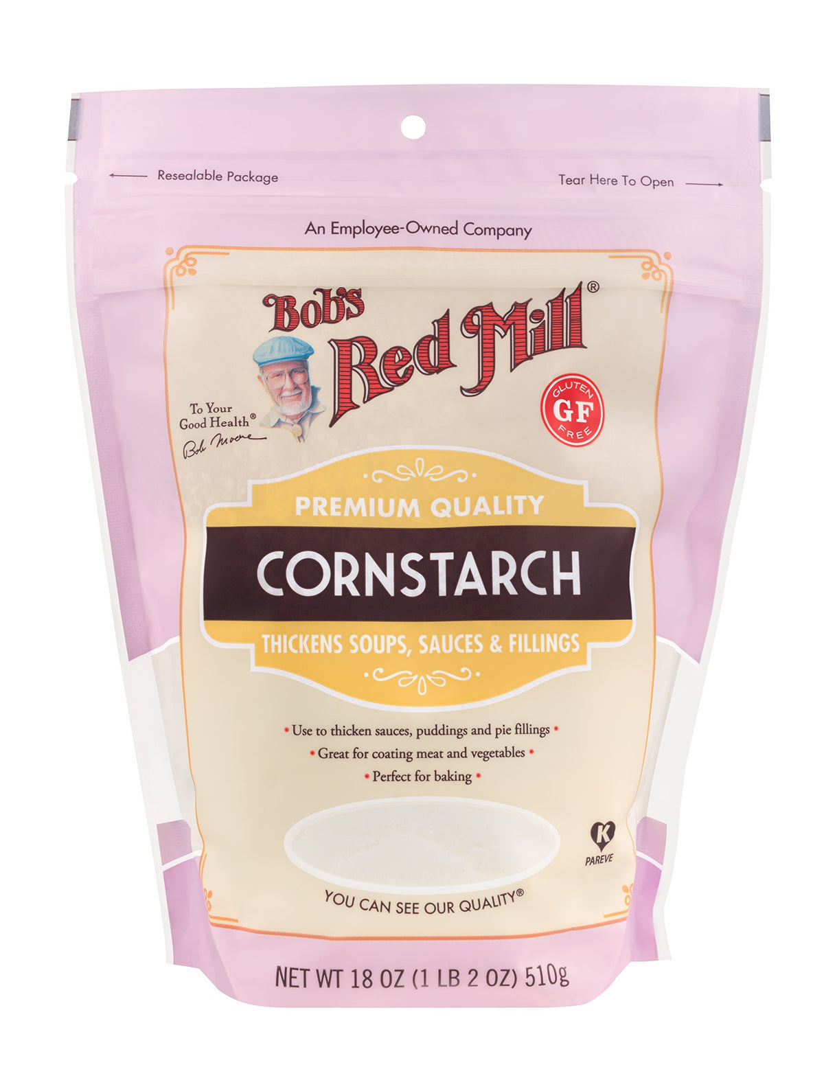 Closeup of Bob's Red Mill Cornstarch bag showing smooth texture and quality