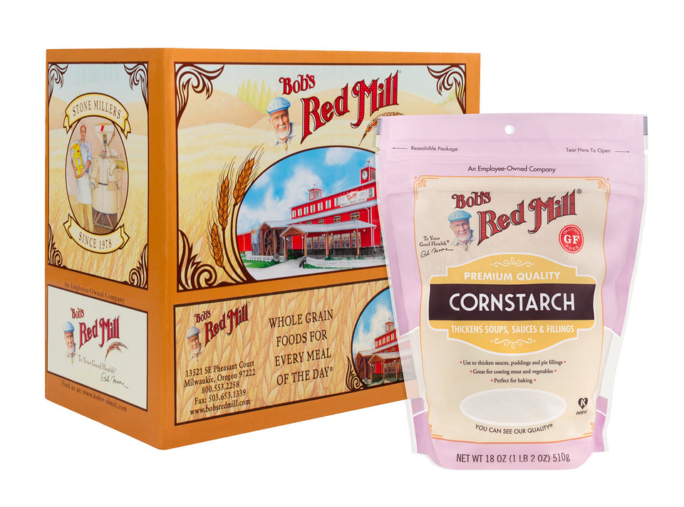 Bob's Red Mill Cornstarch pack of four bags on pantry shelf for bulk cooking benefits