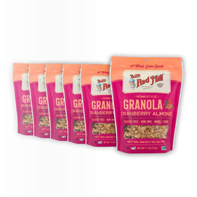 Bob's Red Mill Cranberry Almond Granola bag closeup showing wholesome oats and cranberries for a quick breakfast