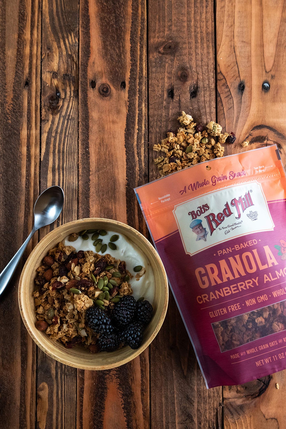 Bob's Red Mill Cranberry Almond Granola bowl with yogurt—crunchy texture and protein boost